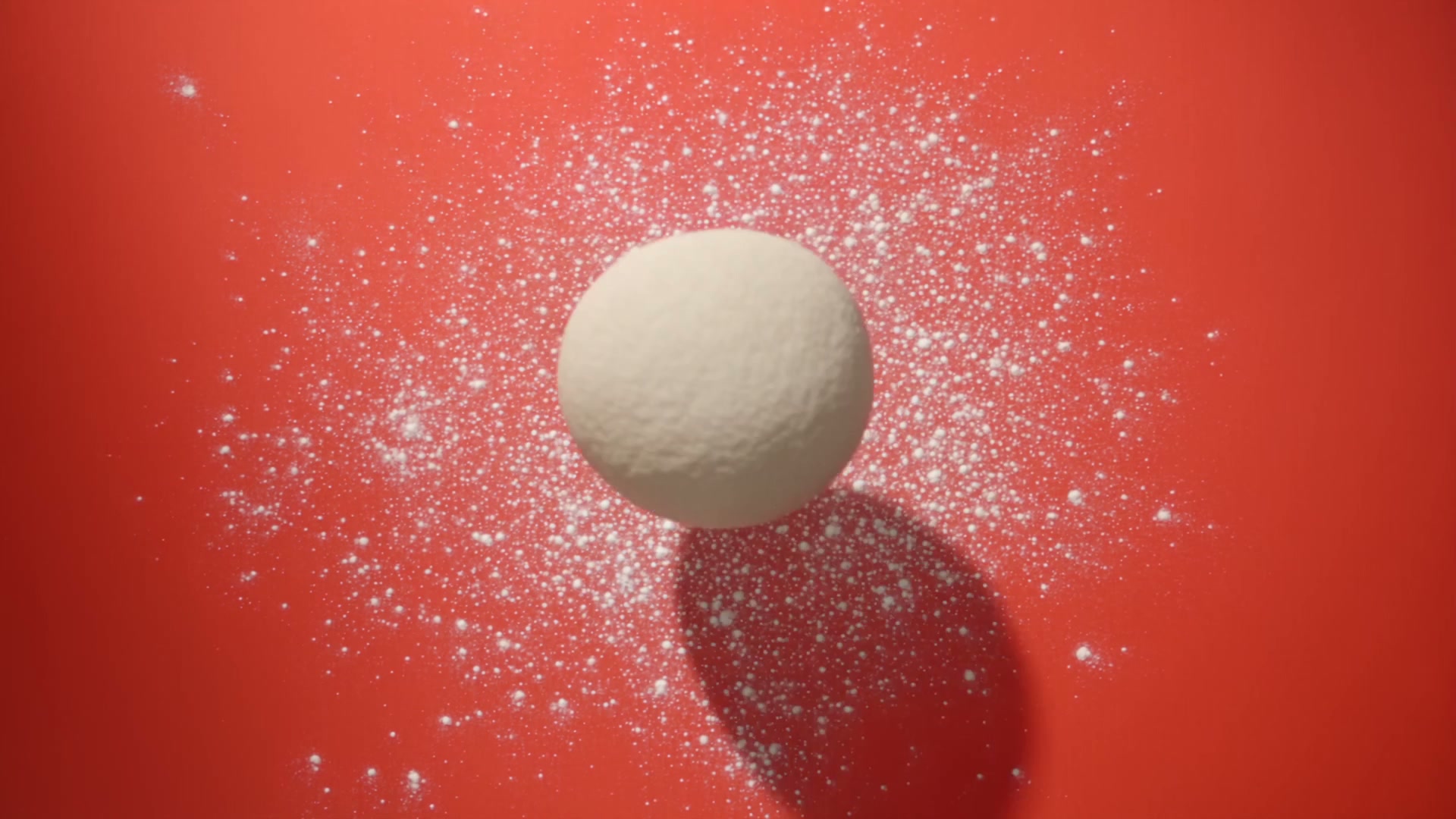 Physical tabletop stop-motion animation shot at 12 fps, frame-by-frame photographed. Motion is visibly stepped and staccato, objects jump between discrete positions, tactile imperfections preserved. No interpolated smoothness, no CGI animation. Flat solid tomato-red seamless background, hard studio shadows. No people, no hands. Multi-shot advertising edit: each shot has a LOCKED camera and shots change only through hard cuts. The reference video defines the exact product design, palette, materials, lighting, and branding style. Preserve that identity exactly, replacing all text branding with "FORNO DI PIETRA - MADE FOR MITO".

SHOT 1 (0-2s) locked overhead, wide: empty red surface. Flour dusts down and a dough ball hops in from off-frame, rolling itself into a perfect circle, edges stepping outward.

SHOT 2 (2-4s) hard cut to macro 45-degree angle, very close: rich tomato sauce spirals across the dough in discrete increments, each turn a new frame.

SHOT 3 (4-6s) hard cut to low frontal eye-level shot: fresh torn mozzarella pieces jump into the air and land on the dough one by one, bouncing with real weight.

SHOT 4 (6-8s) hard cut back to locked overhead: mushroom slices, chili, and basil travel across the red background in geometric grid and radial patterns, rotating in stepped quarter-turns, forming a mandala.

SHOT 5 (8-10s) hard cut to macro side profile: the mandala collapses inward, toppings landing individually on the pizza, then the raw dough transforms into a wood-fired baked crust with char marks in a two-frame swap, puffing in visible steps.

SHOT 6 (10-12s) hard cut to the final locked overhead hero framing, identical to the reference video, with "FORNO DI PIETRA - MADE FOR MITO" lockup readable, elegant, and centered.