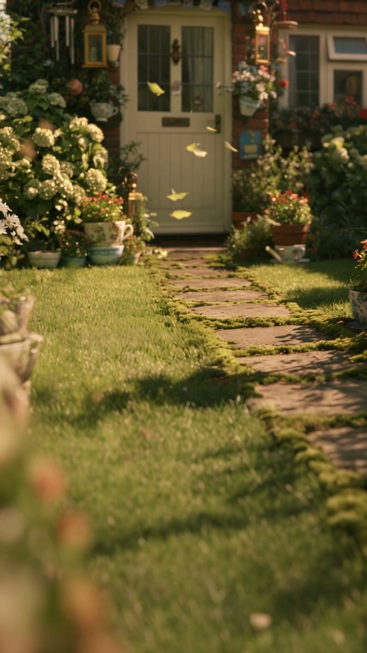 A single unbroken 30-second continuous tracking shot moves fluidly through a lovingly cluttered warm suburban cottage garden at golden hour, weaving between locations and characters with smooth camera glides and pushes — no hard cuts, no jump cuts, realistic handheld-documentary camera language throughout. Maintain exact, unwavering visual consistency of both the gnome and the mailman across every beat: identical proportions, colors, materials, and clothing from start to finish, with no drift in their design.

0:00-0:03 — The camera glides forward in a slow push over the garden: mismatched vintage brass lanterns, chipped porcelain teacups used as planters, a striped red-and-cream pinwheel spinning lazily, an old rusty bicycle wheel with wildflowers growing through its spokes. Ambient sound only: wind chimes, birds, a soft breeze.

0:03-0:05 — The camera drifts smoothly across a row of ordinary decorative garden gnomes lined up along the flowerbed — each sculpted in a similar terracotta style with small knitted hats, completely motionless — and holds a beat too long on one of them: the protagonist gnome, with faded warm terracotta skin, oversized soulful brown eyes, a floppy hand-knitted crimson-red pointed hat, and a knitted moss-green tunic. His eyes flick subtly sideways and the brim of his hat gives a barely perceptible twitch. Score drops to near silence.

0:05-0:08 — The camera pushes into an extreme close-up on his eyes narrowing with suspicious determination, same exact face and hat design. Score kicks in low and ominous. Gravelly whispered voiceover: "Day 47. He's back."

0:08-0:11 — The camera pulls back and glides toward the garden path in slow motion, revealing the friendly postal worker — same navy uniform, canvas mail satchel, and face as established — walking calmly up the path, while the protagonist gnome peers out from behind a weathered terracotta flowerpot with a tiny brass magnifying glass, his design unchanged. Gravelly whispered voiceover: "Same time. Same route. That's exactly what they WANT you to think."

0:11-0:15 — The camera moves fluidly to the gnome's miniature conspiracy evidence board — thin wooden stakes strung with red twine, a photo of a squirrel, a real acorn, a small sprinkler timer diagram, dried leaves, tiny handwritten notes — as he frantically pins a fresh leaf to it, his appearance still identical to every earlier beat. Gravelly whispered voiceover: "Sprinklers went off four minutes early today. Coincidence? I don't think so."

0:15-0:18 — The camera glides back toward the cream front door as the postal worker, same uniform and satchel, drops a stack of mail through the brass mail slot, completely normal and unhurried, while the gnome gasps and dives out of sight behind a nearby flowerpot. Gravelly whispered voiceover: "He knows that I know."

0:18-0:22 — The camera pushes into a close-up on the gnome, same consistent design throughout, standing beside the pile of delivered mail. A plain unbranded colorful flyer flutters loose from the pile. His eyes go huge with sincere existential alarm, freezing in a startled pose. The frame freezes, and a bold vintage rubber-stamp graphic slams down across the image in distressed red stamped ink, reading "CASE UNSOLVED" — a single intentional in-world stamp graphic, with a satisfying thud sound effect on impact.

Throughout: rich saturated retro postcard color grade, warm golden-hour light, analog 35mm film texture, dry mockumentary comedy tone, continuous unbroken camera movement connecting every beat, consistent character design from first frame to last. No readable text anywhere except the intentional "CASE UNSOLVED" stamp in the final freeze frame.