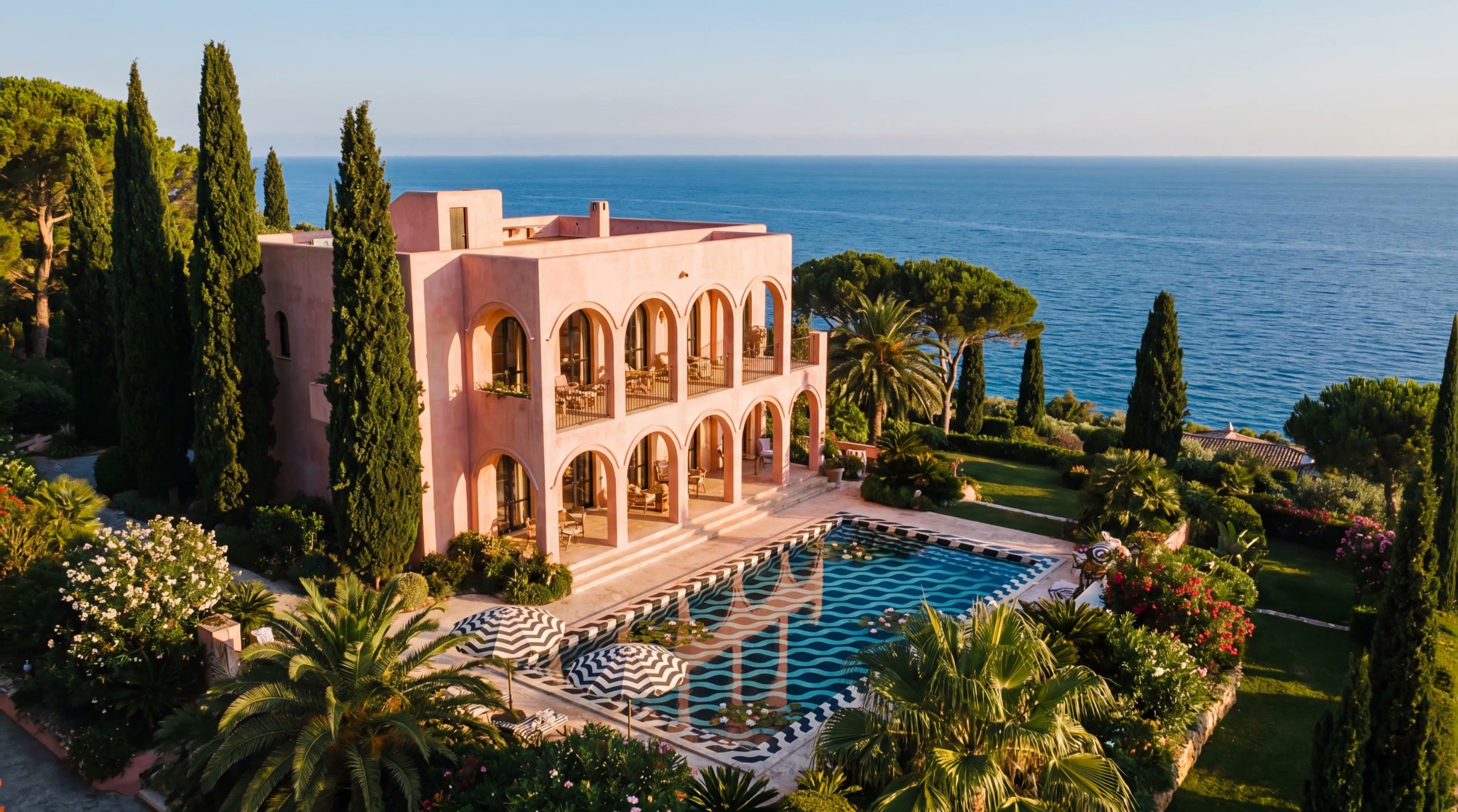 Smooth drone flyover shot starting from the current elevated angle above the pink Mediterranean hotel. The drone slowly pulls back and rises, revealing the full estate — pink stucco façade with arched colonnades, the swimming pool with striped umbrellas below, the manicured gardens with tall cypress trees and stone pines surrounding the property, and the vast shimmering blue Mediterranean sea stretching to the horizon. Steady, cinematic camera movement. Golden early morning light. No shake, fluid motion.