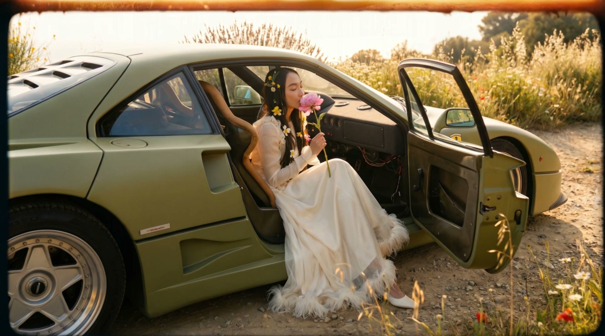 Ferrari F40 campaign film. Super 8mm analog aesthetic — grain, warm amber tones, light leaks. Model in cream dress sits in open door of olive F40, dress spilling out, smelling a pink peony, flowers around. Slow cinematic: she breathes in the flower, her dress fabric moves softly, a petal drifts from her lap to the ground. Camera holds static. Warm golden light from outside the open door. Intimate, poetic, still.