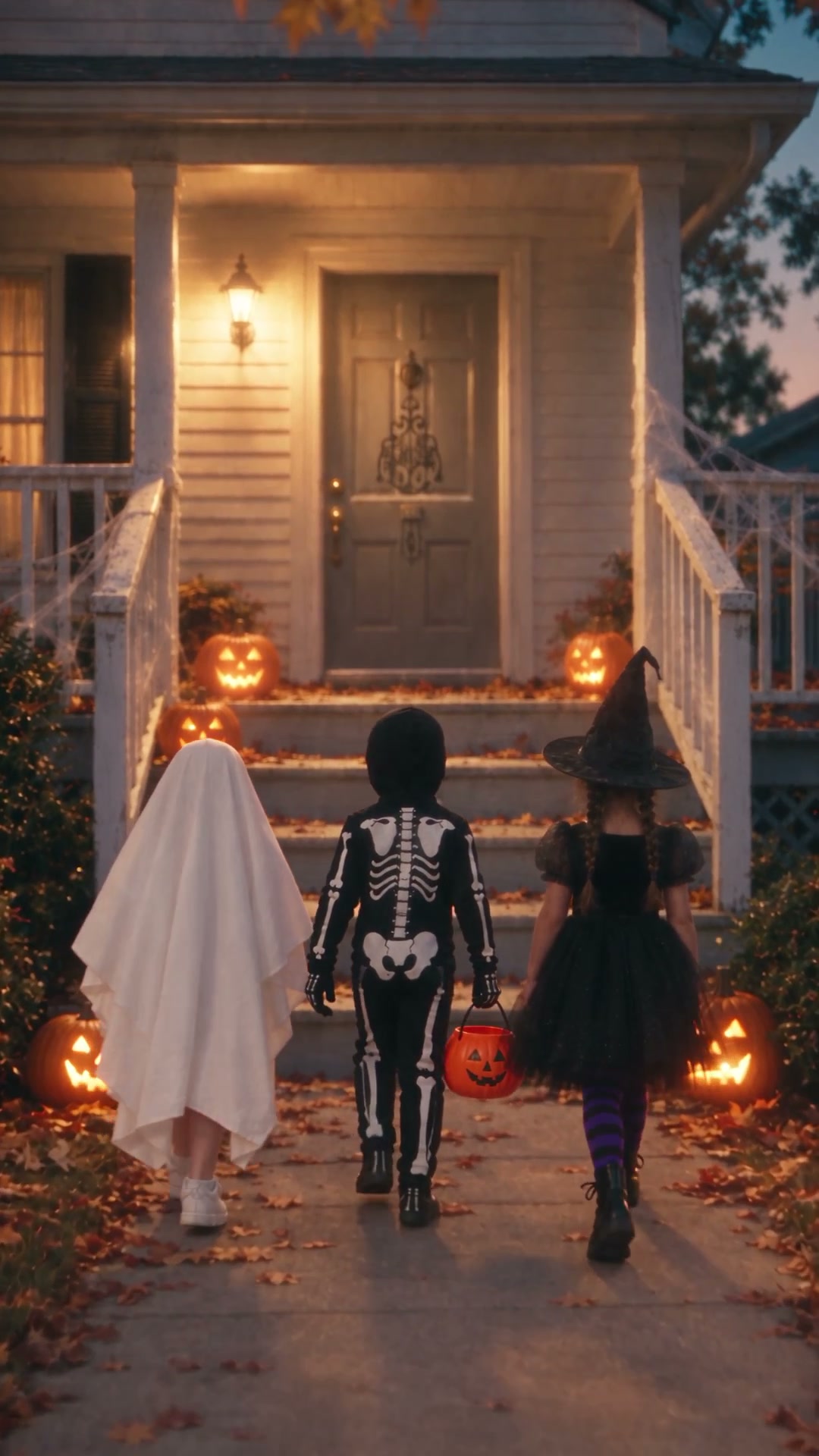 One single continuous take of exactly 30 seconds, vertical 9:16, ZERO cuts, no edits, no fades. The video opens on the supplied start frame (Source A, the first frame): a low wide view from the sidewalk, the closed door of the white wooden house in the upper half, and the three kids seen from behind on the path walking toward the porch, ghost left, skeleton centre carrying the orange bucket, witch right. Keep the strong, visible 1980s analog 35mm film grain of the start frame throughout. Keep all key action, faces, hands, candy and bucket inside the central safe area of the vertical frame with generous margins. Match all supplied references exactly.

Source B: Ghost kid costume and identity (white bedsheet with eye holes, white sneakers; face never visible). Source C: Skeleton kid costume and identity (bone-print jumpsuit, hood up, printed gloves, skull makeup). Source D: Witch kid costume and identity (bent pointed hat, tulle dress, striped tights, lace-up boots, braids). Source E: orange plastic jack-o'-lantern candy bucket. Source F: hero candy, orange metallic foil body, purple foil twisted ends, no text. Source G: 1985 suburban house, porch, steps, door layout. Source H: the woman who opens the door, face, permed 80s hair, oversized orange Halloween-print wool sweater, jeans.

Subject: exactly three children aged 8-10 and exactly one adult woman, no extra people. Ghost kid on the left, skeleton kid in the centre (black hood up, white skull makeup, carries the orange jack-o'-lantern bucket by its black handle), witch kid on the right (slightly bent black pointed hat, black tulle dress, purple-and-black striped tights, black lace-up boots, two long brown braids, no cape, empty hands). The woman is about 35-40, warm friendly face, voluminous permed 1980s hair, bright 80s eyeshadow and blush, large earrings, high-waisted light-wash jeans, oversized chunky orange wool sweater with a knitted bats, ghosts and pumpkins print. The bowl holds individually wrapped, invented, unbranded, text-free candies. The single hero candy is a hard candy about 4 cm long, orange metallic foil body with purple twisted ends, no text.

Timeline, in this exact order:
0:00-0:04 APPROACH: the three kids walk up the path toward the closed door, seen from behind. One smooth steadicam-style forward dolly follows them from knee height and ends in a medium-wide view of the porch with the kids at the foot of the steps. Deep focus. Footsteps and dry leaves, soft evening ambience.
0:04-0:06 DOORBELL: the skeleton kid presses the lit doorbell. A clear, unmistakable classic two-tone "ding-dong" rings from inside the house. The camera settles into a medium-wide framing, kids at the bottom, door in the upper half.
0:06-0:09.5 DOOR OPENS AND LINE: the door opens with a soft creak and stays open for the rest of the video. The woman appears in the doorway, beams warmly and says live on camera, with natural lip movement, in a cheerful natural American English voice, exactly: "Oh, hello kids, do you want some candy?" Make the English dialogue audible exactly as written. Slight push toward the doorway; focus eases to her face and then returns to deep focus.
0:09.5-0:11 KIDS REACT: all three kids jump with joy and shout together in unison, in happy children's voices, a long excited "Yeeeesss!" The ghost bounces, the witch cheers, the skeleton kid's painted face lights up with delight. Medium-wide, no cut.
0:11-0:13.5 HANDFUL: the woman picks up the white ceramic bowl from the small table just inside the doorway and takes a big handful of wrapped candy in her fist. Medium framing.
0:13.5-0:15 BUCKET: the skeleton kid steps forward and holds the open orange pumpkin bucket directly beneath her closed fist, level with her hands. The camera moves slightly closer to her hand and the bucket.
0:15-0:16 FIST OPENS: she opens her fist over the bucket and the candies begin to fall at real speed.
0:16-0:22 BULLET TIME: within the same unbroken take, time slows to extreme super-slow motion, about one-thirtieth normal speed. The candies hang almost frozen in the air, wrappers glint, her open hand and the kids' gloves are nearly still. Perform one slow, smooth full 360-degree orbit at candy height around one single falling hero candy. It is the only razor-sharp element, in shallow focus, foil highlights glinting as it turns. In the softly out-of-focus background, the skeleton kid's face, white skull makeup and black hood visible, gazes up at the falling candies with wonder and excitement, eyes wide and mouth open in a delighted smile; as the camera circles, the blurred face stays in the background. A low time-slow whoosh; all other sound is muffled.
0:22-0:25 REAL TIME AND OVERHEAD: time snaps back to normal speed and sound returns. The camera rises smoothly in one crane-up move to a brief top-down, straight-down view directly above the open pumpkin bucket. The remaining candies fall into it at real speed, bouncing and rattling into the plastic bucket with real gravity, no cartoon bounce. Keep the bucket centred.
0:25-0:27 DESCENT: the camera descends smoothly back to a front medium-wide framing of the porch with no cut: the three kids at the foot of the porch steps facing the door, the skeleton holding the now-full bucket, the woman in the open doorway beaming at them.
0:27-0:30 KIDS TURN AND RUN AWAY: the three kids, delighted, turn around together, show happy big smiles, and run away down the porch steps and back along the path toward the sidewalk, the ghost's sheet flapping, the witch's braids bouncing, the skeleton holding the full bucket, candy rattling inside it. Quick excited footsteps on the wooden steps and dry leaves, costume rustle. They leave the frame while the woman stays standing calmly in the open doorway at the threshold, smiling warmly after them, without waving and without moving out of the doorway. Medium-wide camera held steady, no cut.

Environment: match Source G and the established setting: 1985 American suburban house with white wooden siding, front porch with three steps, brass knocker, glowing carved jack-o'-lanterns on the steps, dry autumn leaves, cotton cobwebs on the railing, short path from the sidewalk to the porch. A white ceramic bowl full of wrapped candy sits on a small table just inside the doorway until the woman picks it up. Warm 2700K porch-light key, cool rear fill, subtle orange pumpkin flicker at knee height.

Camera: only smooth, stabilized, motivated moves: the opening forward dolly, slight push toward the doorway, slight move closer to the hand and bucket, one full 360-degree orbit around the single hero candy, one smooth crane-up to the brief overhead view, one smooth descent, then a steady held medium-wide. No handheld shake, no zoom. Deep focus except for the bullet-time shallow-focus orbit.

Style: friendly 1985 American sitcom Halloween scene, warm early-evening dusk, soft diffusion and halation, saturated faded warm telecine colour, 35mm network-broadcast film look with clearly visible fine film grain, slightly soft resolution, welcoming and evenly lit rather than noir. No brands, logos or licensed characters.

Audio: sound effects and natural ambience only: footsteps, dry leaves, soft evening ambience, the clear two-tone doorbell, soft door creak, the woman's spoken English line, the children's unified "Yeeeesss!", candy rattling in plastic, the muffled bullet-time whoosh, running footsteps on the steps at the end. ABSOLUTELY NO MUSIC at any point: no tune, no score, no melody at the start, in the middle or at the end. No voice-over, narration, singing or laugh track.

Constraints: no extra people. No cape on the witch. The ghost's face is never visible. The witch's hands stay empty. The skeleton carries the bucket. The door remains open from 0:06 to the end. The hero candy stays one single orange foil candy with purple twisted ends and no text. No legible text, captions, titles or watermarks. Start exactly on the supplied start frame (Source A).